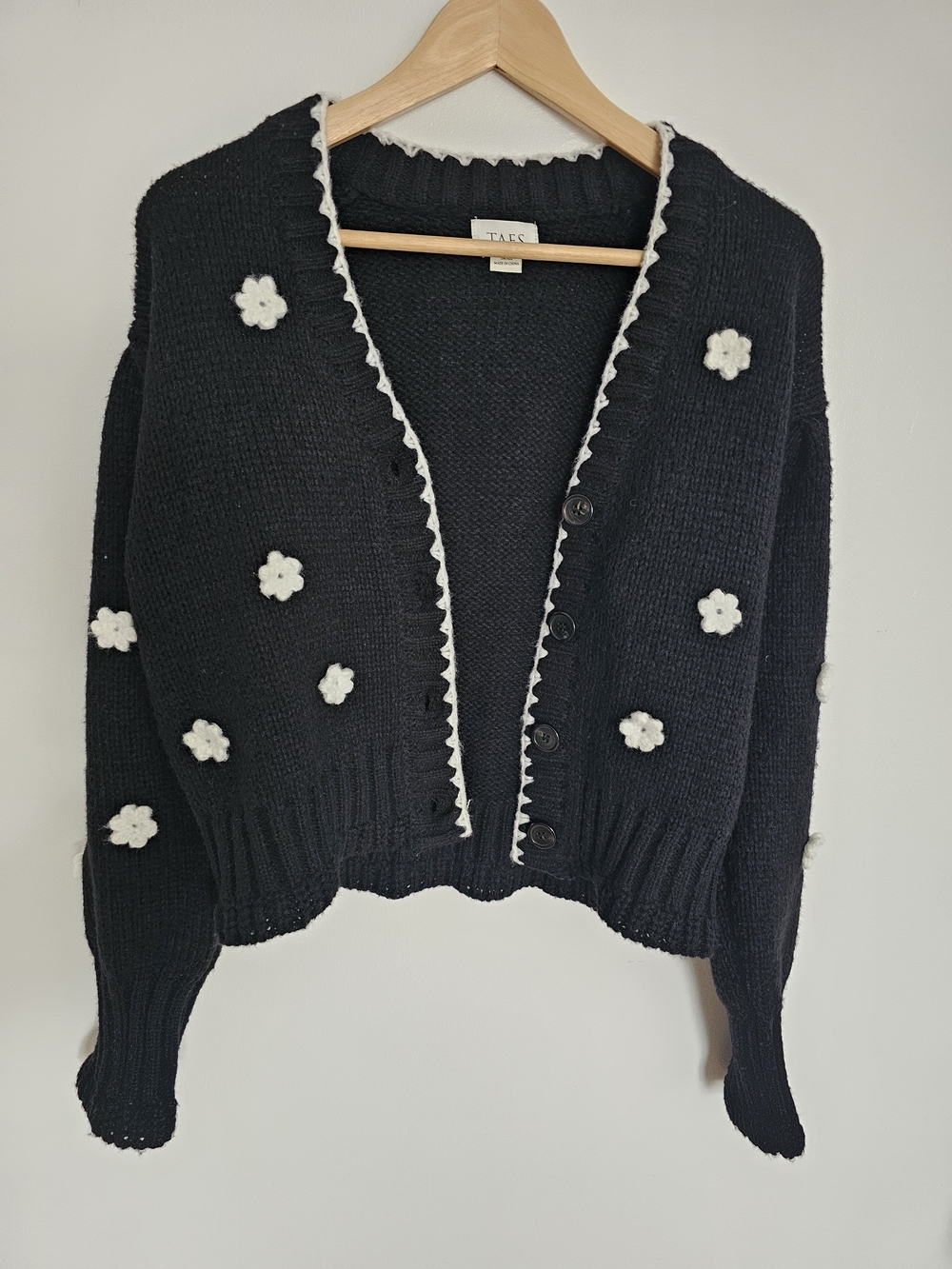 Black Cropped Cardigan White Floral Patches Size S Feminine Boho Chic